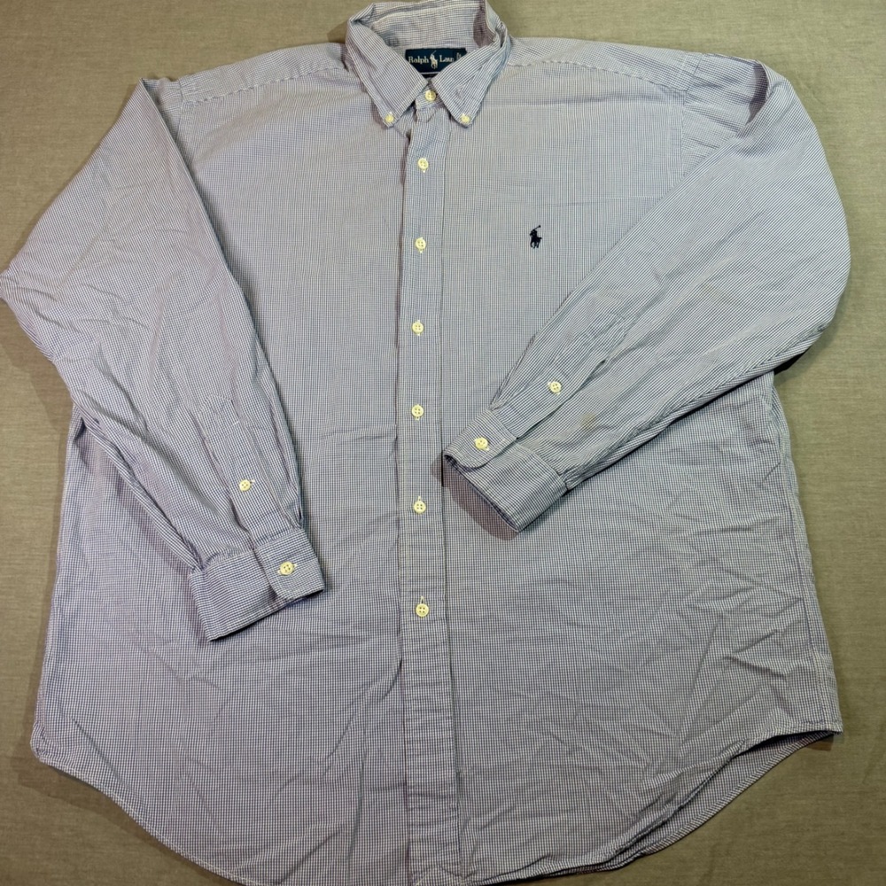Ralph Lauren Button Down Shirt Mens L Blue Good Gingham Blake Long Sleeve Cotton